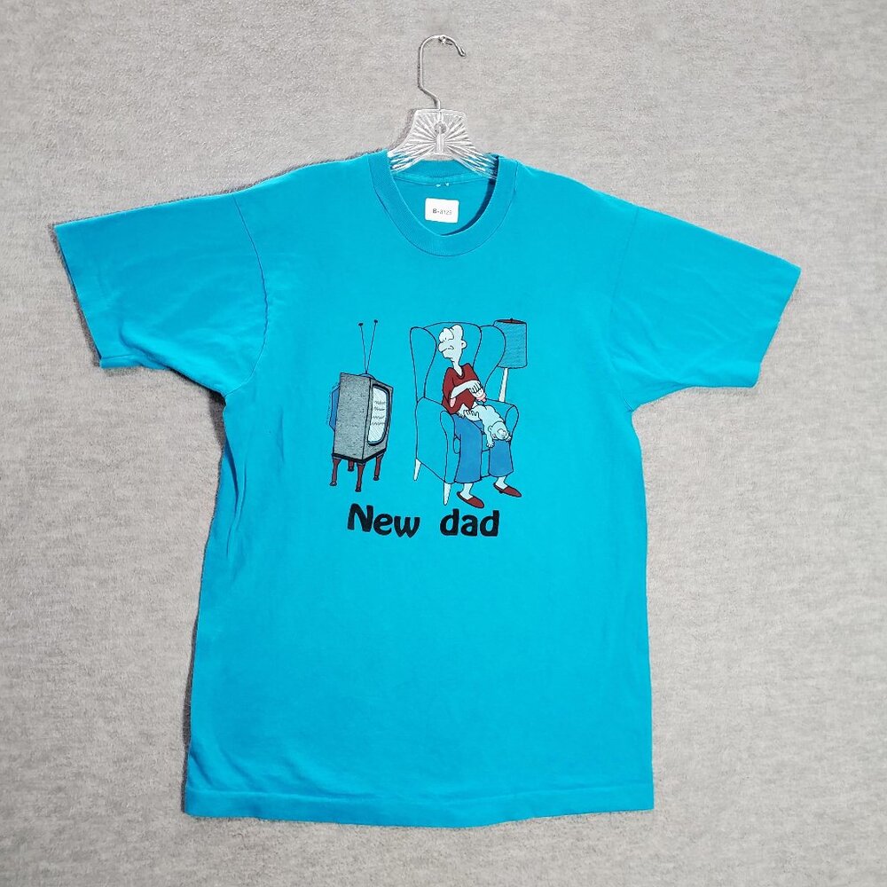 VINTAGE New Dad Men Shirt M Blue Single Stitch Venture Graphics 90s Tee